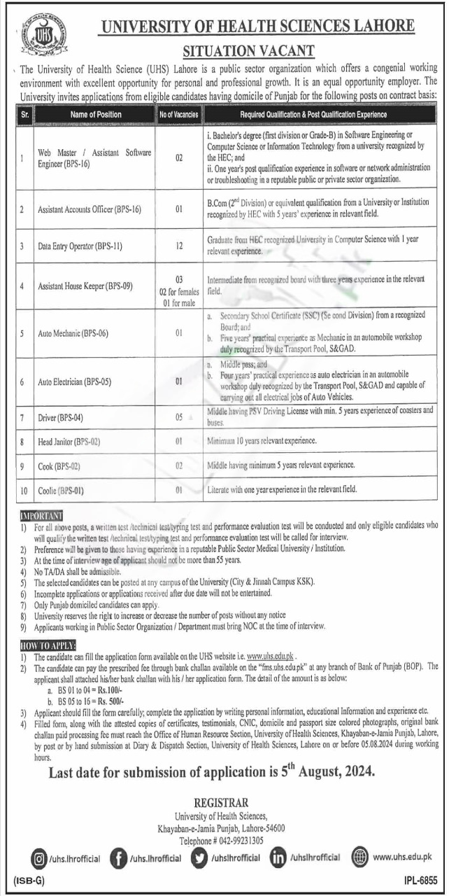 New Govt Jobs in University of Health Sciences August 2024 