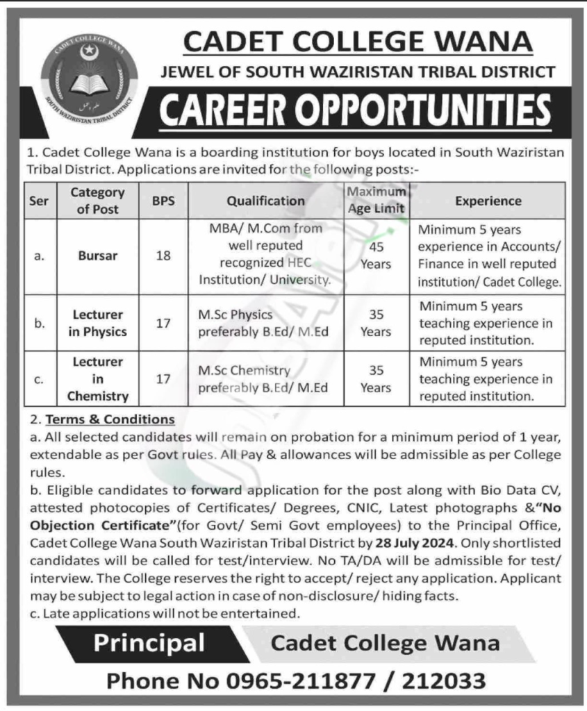 New Government Jobs in Cadet College Wana July 2024