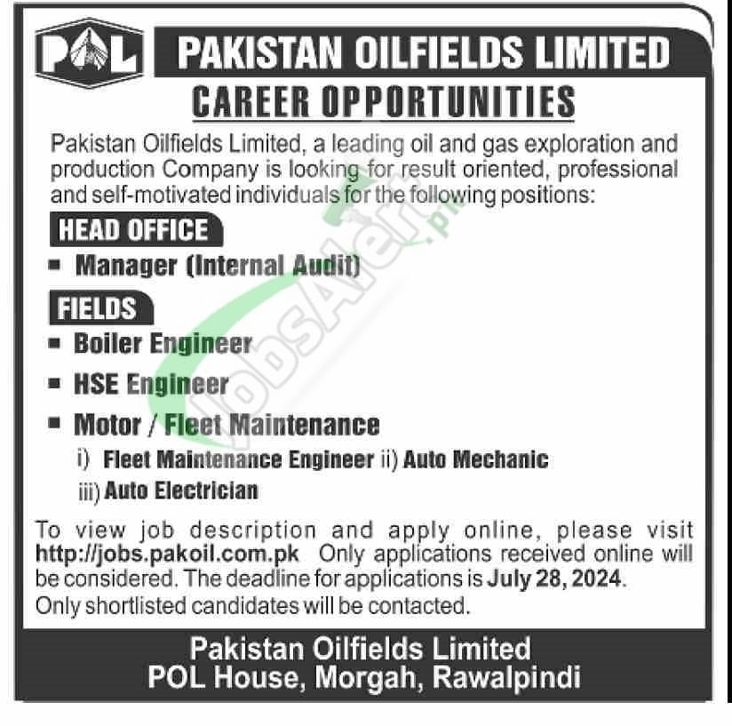 New Govt Jobs in Pakistan Oilfields Limited July 2024